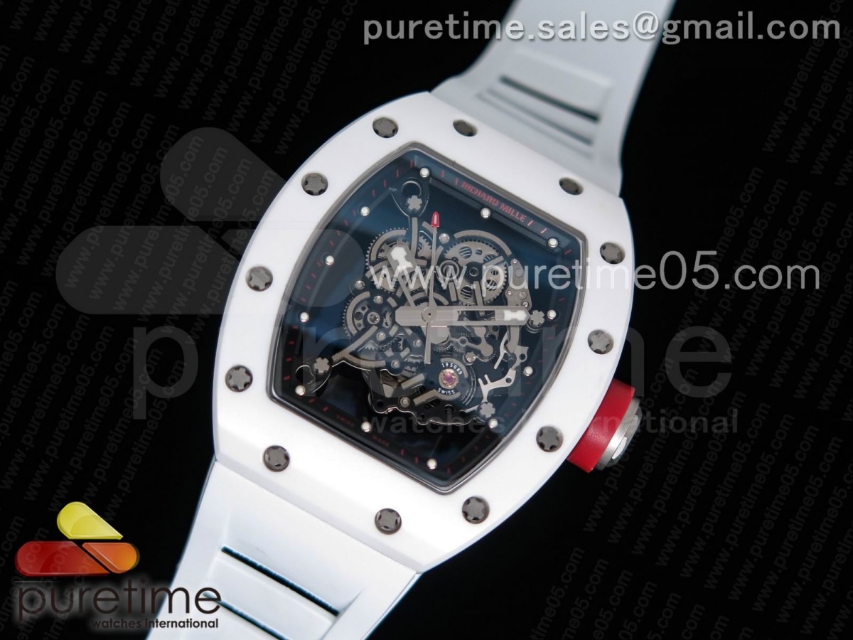 KV공장 리차드밀 RM055 리얼 화이트 세라믹 스켈레톤 다이얼 레드 화이트 러버 스트랩 RM055 Real White Ceramic Case KVF Best Edition Skeleton Dial Red on White Rubber Strap MIYOTA8215