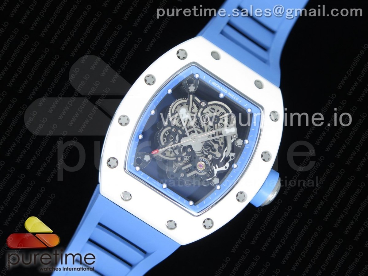 KV공장 V2 리차드밀 RM055 리얼 화이트 세라믹  블루아이어RM055 Real White Ceramic Case KVF Best Edition Blue Inner Bezel Skeleton Dial Blue on White Rubber Strap MIYOTA8215 V2