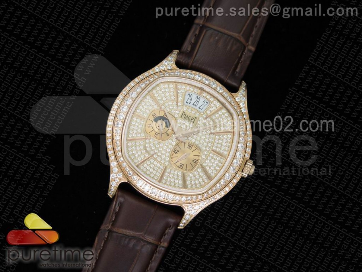 피아제 엠페라도르 로즈골드 풀 파베 다이아몬드 브라운 레더 스트랩 Emperador RG Full Paved Diamonds on Brown Leather Strap A23J