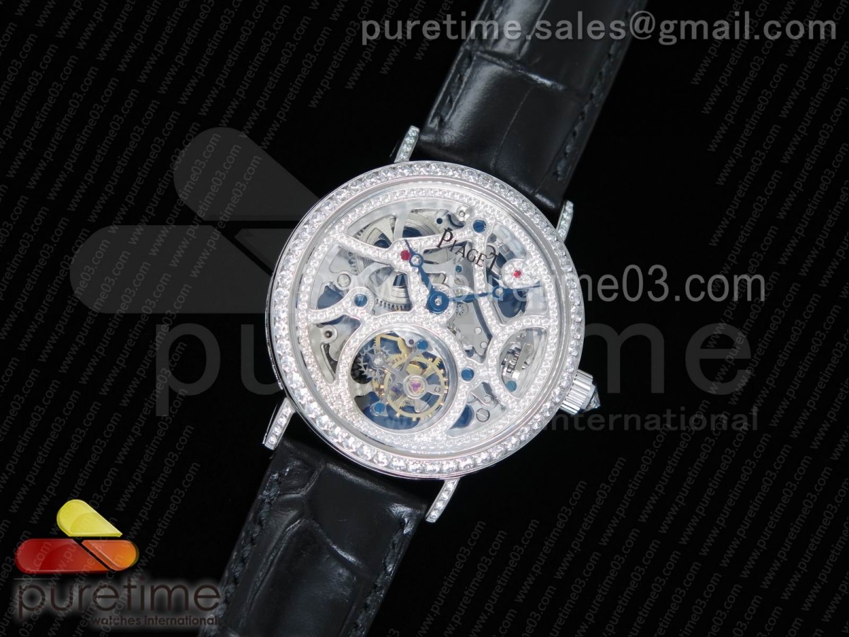 피아제 뚜르비옹 풀 파베 다이아몬드 스켈레톤 다이얼 블랙 레더 스트랩 Gouverneur Tourbillon SS Full Paved Diamonds Skeleton Dial on Black Leather Strap