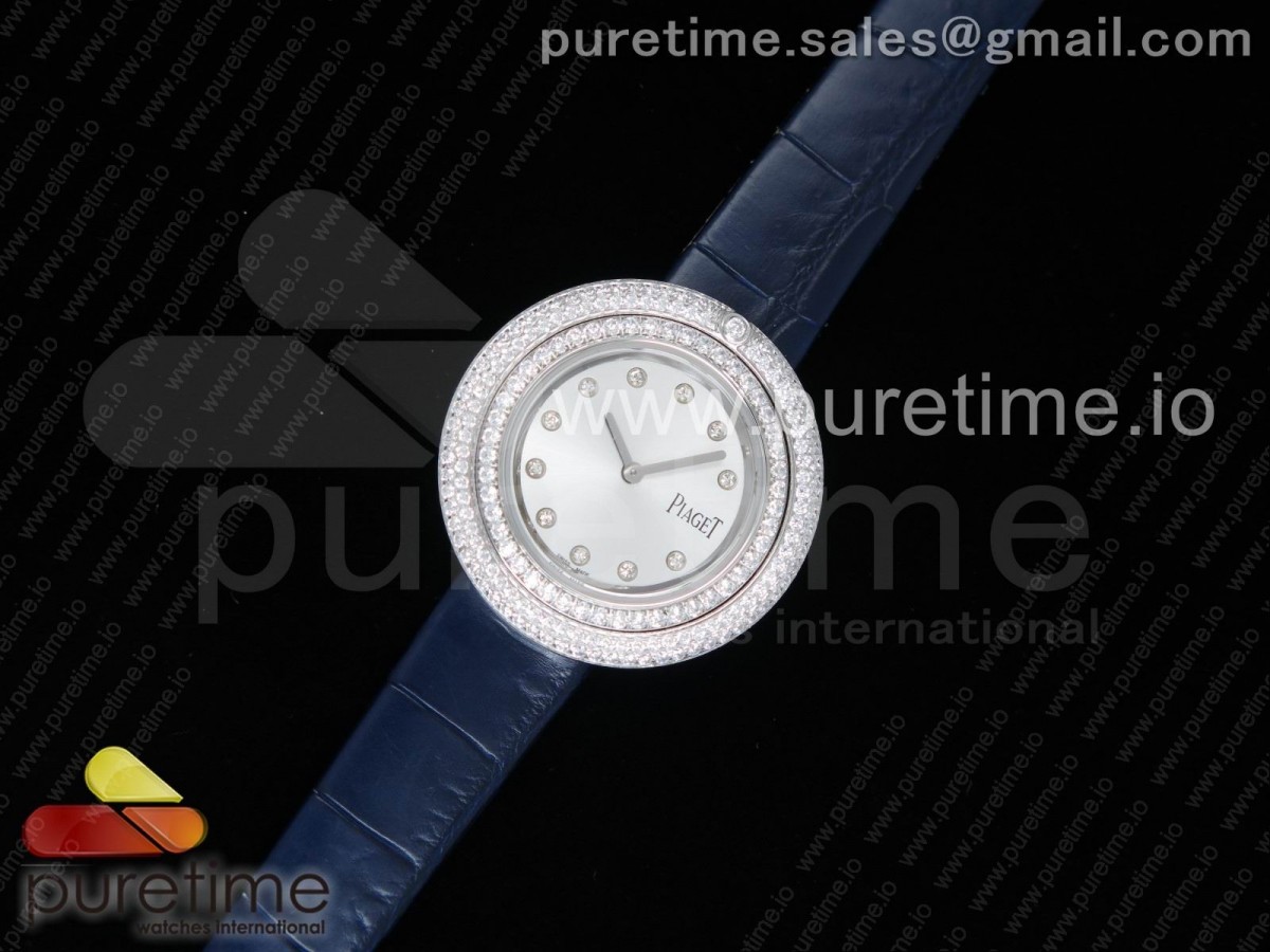 피아제 포제션 화이트 다이얼 더블 다이아몬드 베젤 블루 레더 스트랩 Possession Watch SS White Dial Double Diamonds Bezel on Blue Leather Strap Jap Quartz Movement