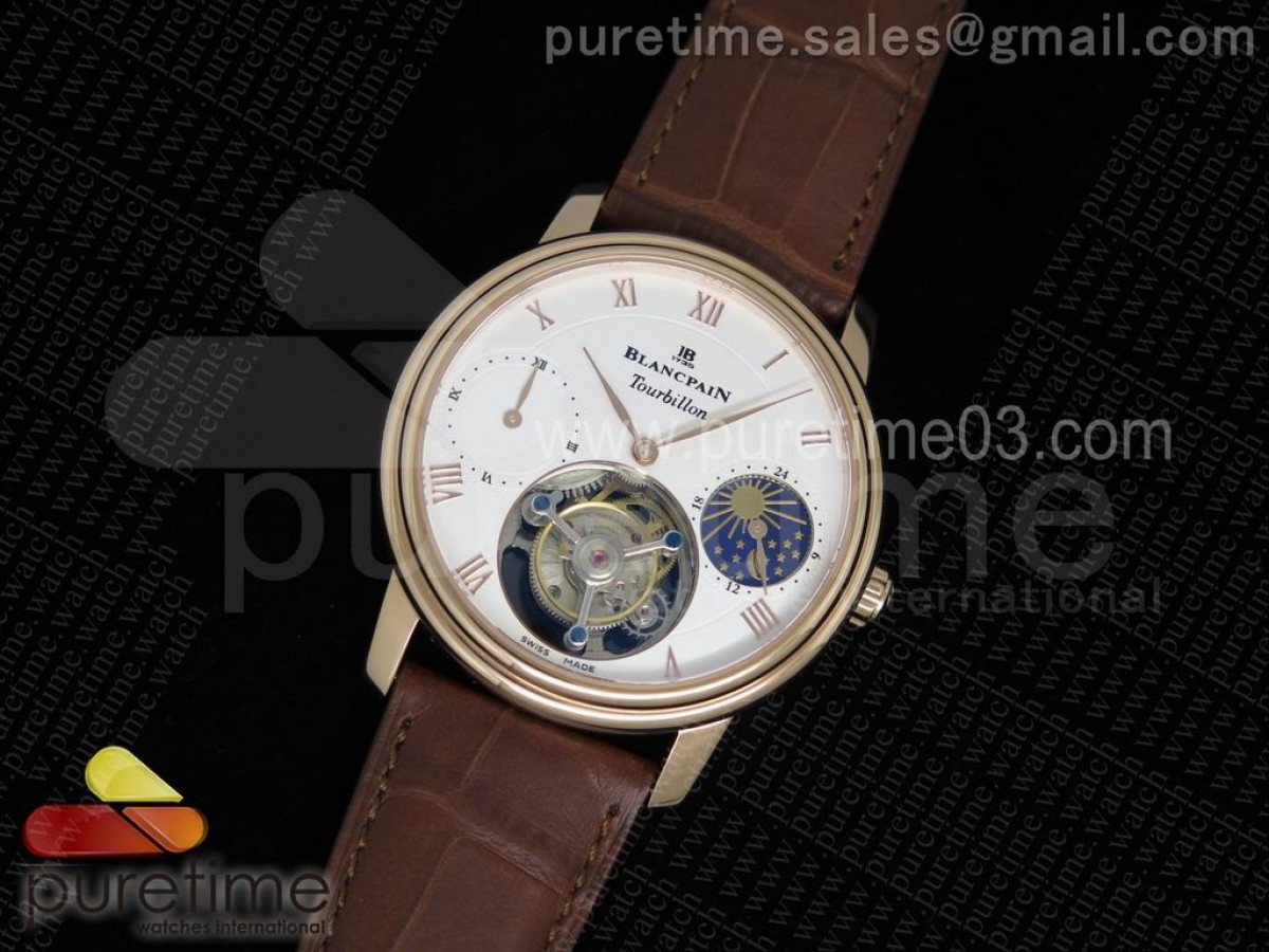 블랑팡 카루젤 뚜르비옹 로즈골드 화이트 다이얼 2서브 다이얼 브라운 레더 스트랩  Carrousel Tourbillon RG White Dial 2 Sub Dials on Brown Leather Strap