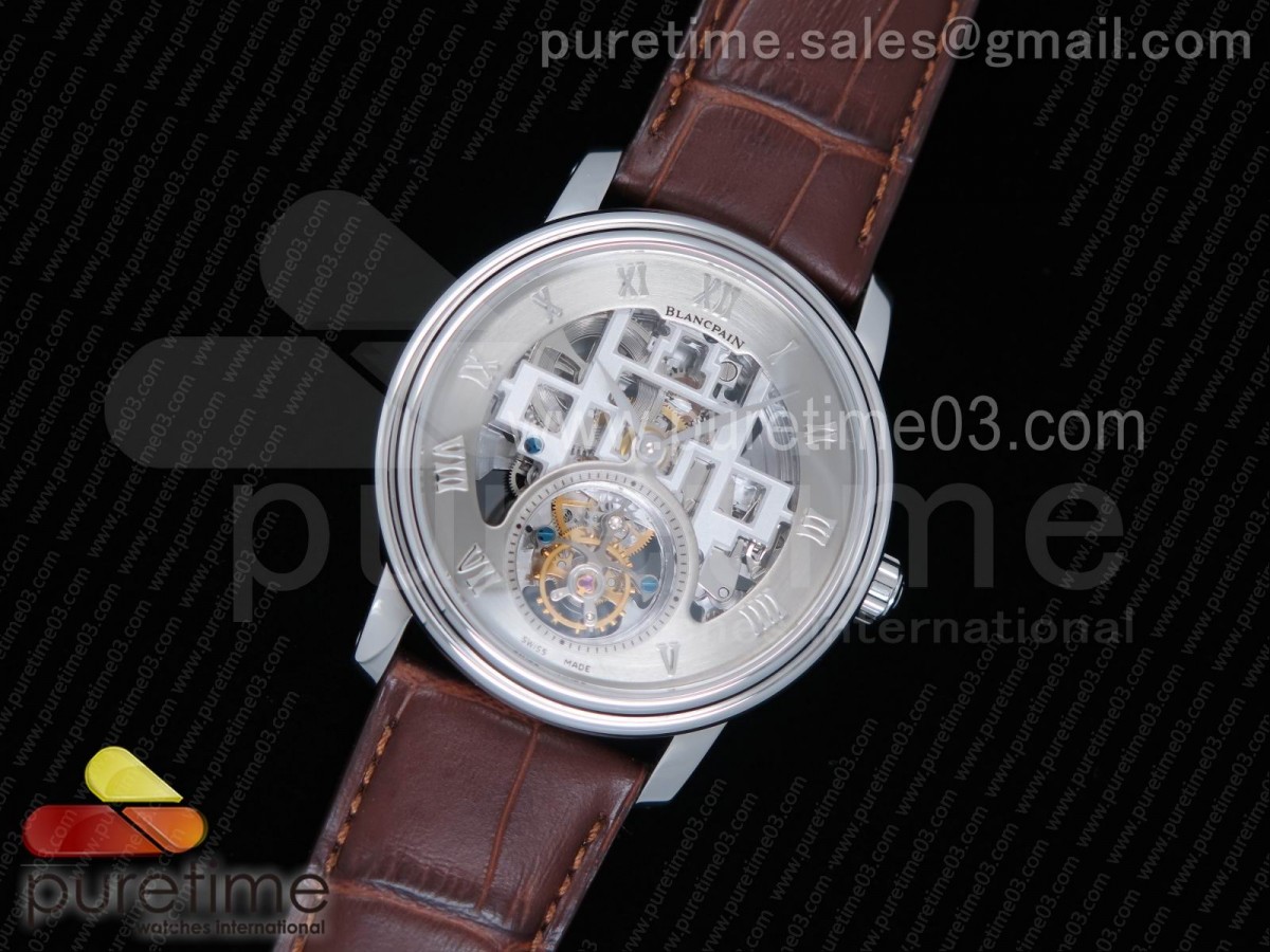 블랑팡 판타지 뚜르비옹 그레이 스켈레톤 다이얼 브라운 레더 스트랩 Fantasy Tourbillon SS Gray Skeleton Dial on Brown Leather Strap