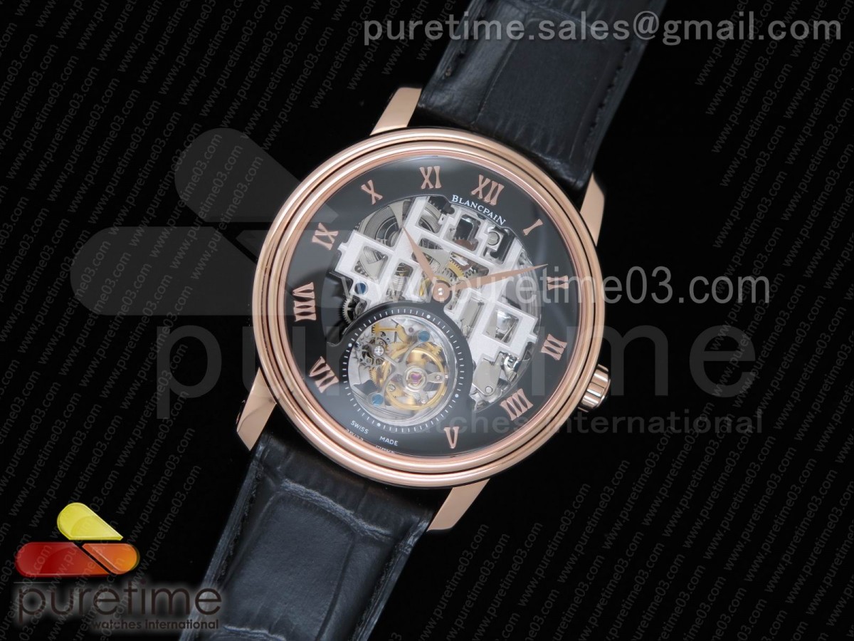 블랑팡 판타지 뚜르비옹 로즈골드 블랙 스켈레톤 다이얼 블랙 레더 스트랩 Fantasy Tourbillon RG Black Skeleton Dial on Black Leather Strap