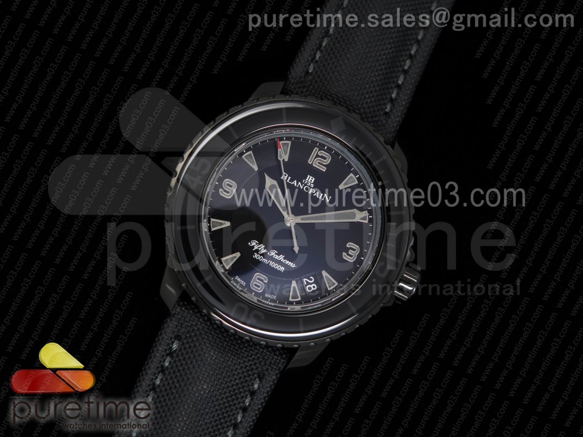 ZF공장 블랑팡 피프티 패덤즈 블랙다이얼 Fifty Fathoms PVD Dark Knight ZF 1:1 Best Edition Black Dial on Sail-canvas Strap A1315