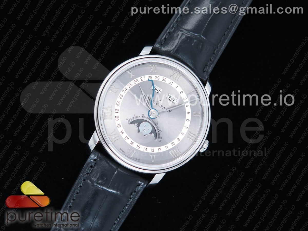 OM공장 블랑팡 V3 빌레레 6654 컴플레케이티드 화이트 다이얼 Villeret 6654 SS Complicated Function OMF 1:1 Best Edition White Dial on Black Leather Strap A6654 V3