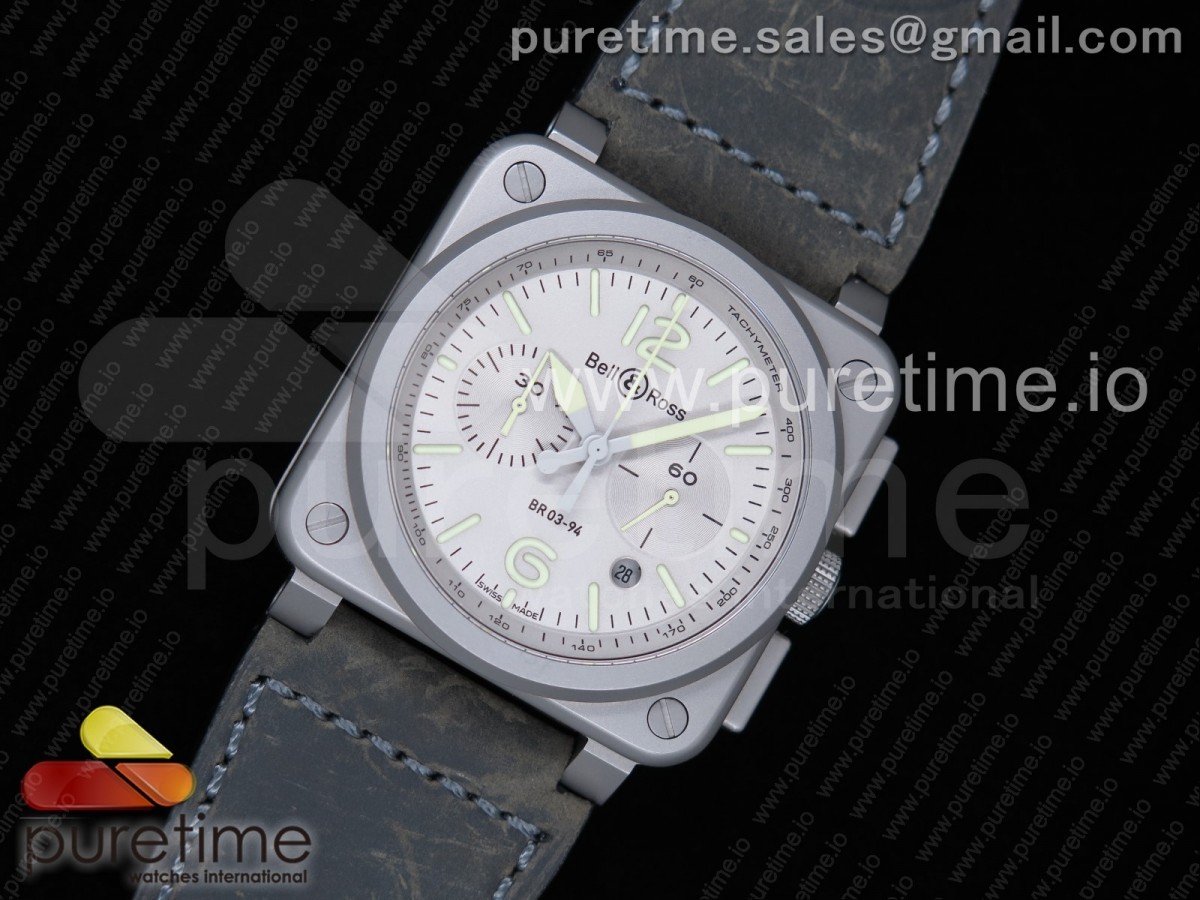 벨앤로스 BR03-94 Horolum크로노 새틴폴리싱 스틸 그레이다이얼 그레이가죽스트랩 / BR 03-94 Horolum Chrono Satin-polished Steel Gray Dial on Gray Leather Strap A7750 (Free Nylon Strap)