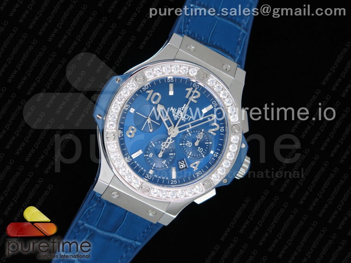 V6공장 위블로 빅뱅 크로노 44MM 스틸 블루 다이아베젤 거미스트랩 / Big Bang 44mm SS V6F 11 Best Edition Blue Dial Diamonds Bezel on Blue Gummy Strap HUB4104