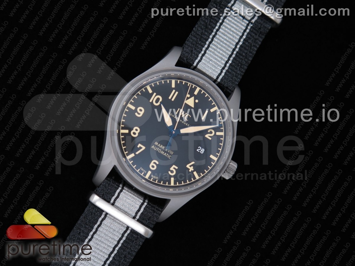 M+F공장 IWC 마크18 헤리티지 티타늄 블랙다이얼 화이트 앤 블랙 나일론스트랩 / Mark XVIII IW327006 Titanium Grand M+F 11 Best Edition Black Dial on BlackGray Nylon Strap A35111 (Free Leather Strap)