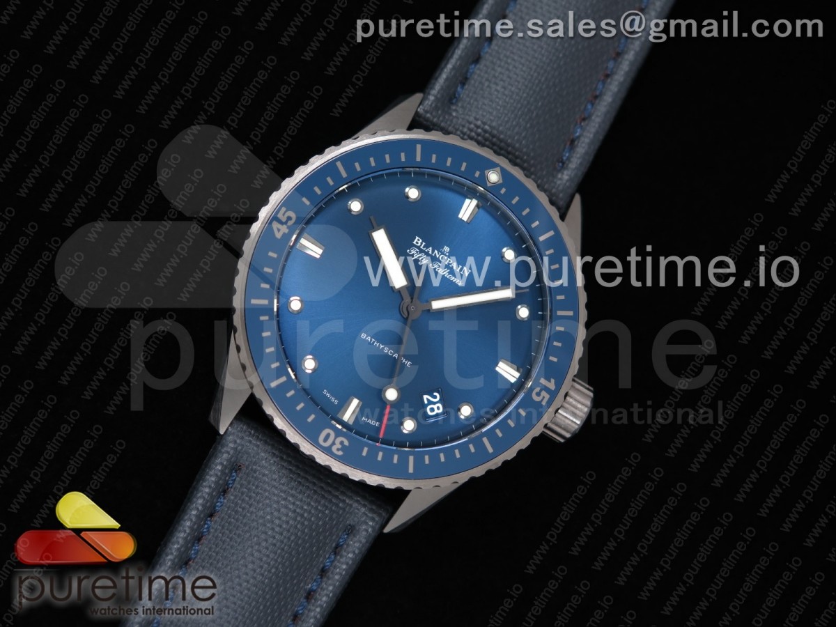 GF공장 블랑팡 피프티패덤즈 바티스카프 세라믹 블루다이얼 직물 / Fifty Fathoms Bathyscaphe Ceramic GF 11 Best Edition Blue Dial on Blue Sail-Canvas Strap A1315
