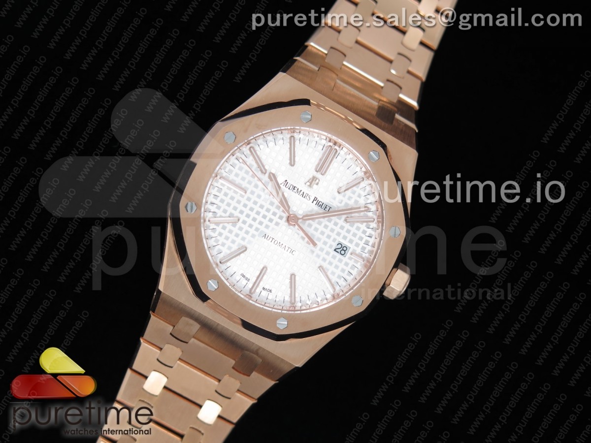 JF공장 V5 오데마피게 로얄오크 15400 로골 화이트다이얼 브레이슬릿 / Royal Oak 41mm 15400 RG JF 11 Best Edition White Textured Dial on RG Bracelet A3120 V5