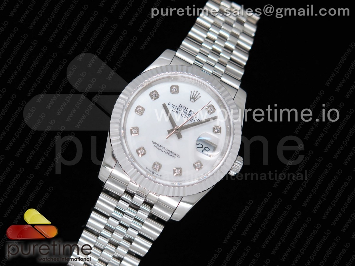 GM공장 롤렉스 데이저스트36 904L 화이트MOP다이얼 플루티드베젤 쥬빌레브레이슬릿 DateJust 36 SS 126234 GMF Best Edition 904L Steel White MOP Dial Diamonds Markers on Jubilee Bracelet A2824