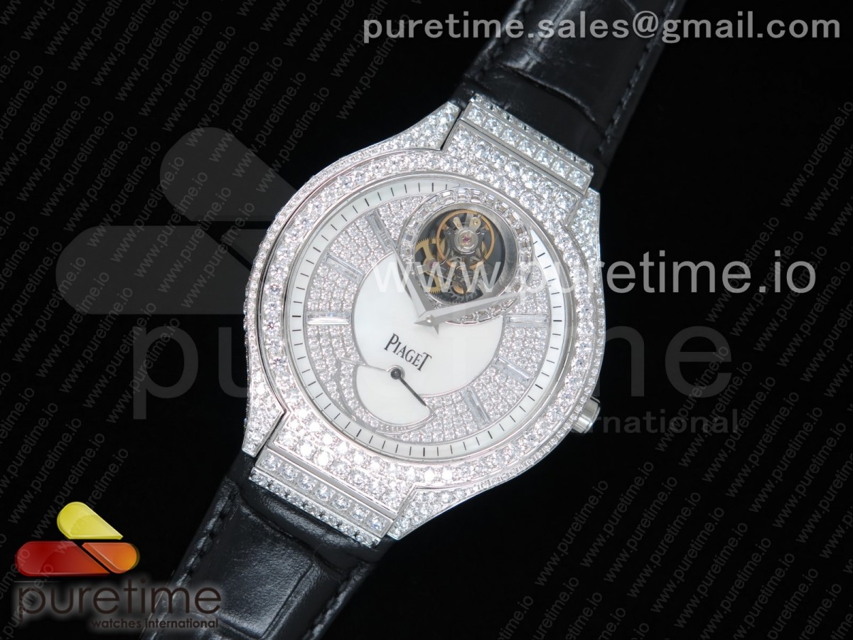 피아제 폴로 풀다이아 블랙 투어빌론 가죽 / Piaget Polo Tourbillon SS Full Paved Diamonds DialBezel on Black Leather Strap