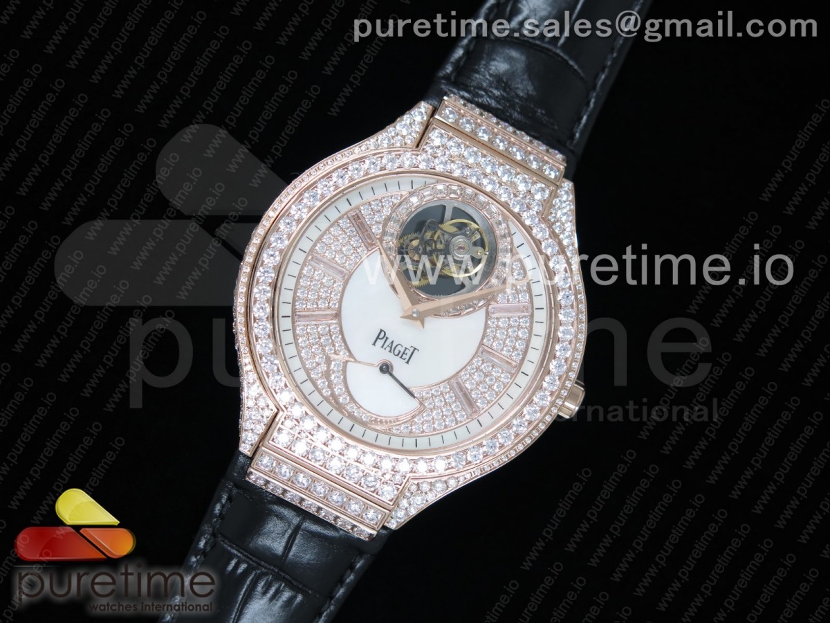 피아제 폴로 풀다이아 블랙 투어빌론 로즈골드 가죽 / Piaget Polo Tourbillon RG Full Paved Diamonds DialBezel on Black Leather Strap