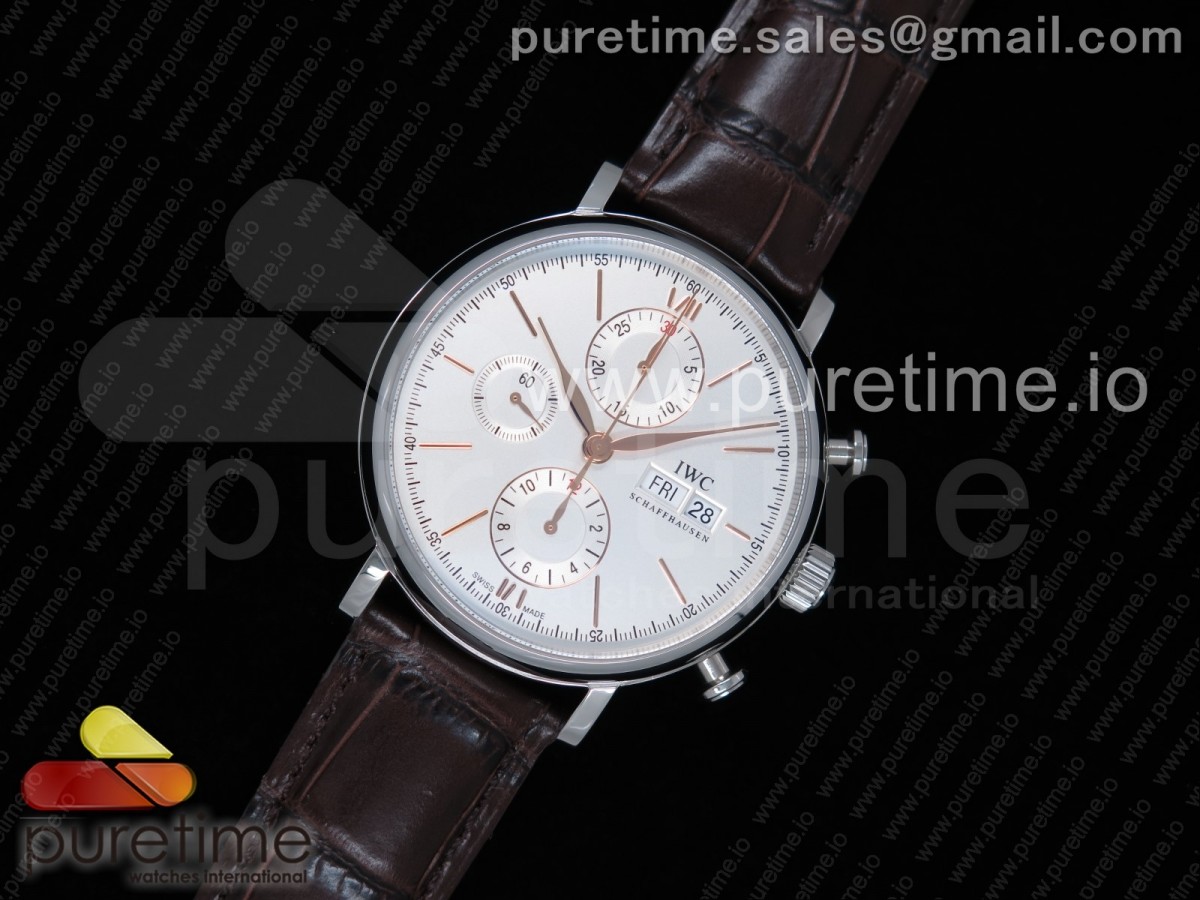 ZF공장 IWC 포르토피노크로노 스틸 화이트다이얼 로즈골드핸즈 가죽스트랩 / Portofino Chrono SS ZF 11 Best Edition White Dial RG Markers on Brown Leather Strap A7750