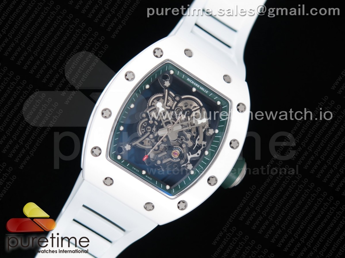 KV공장 리차드밀 RM055 화이트세라믹 그린이너베젤 스켈레톤다이얼 화이트러버 / RM055 Real White Ceramic KVF Best Edition Skeleton Dial Green Inner on White Rubber Strap MIYOTA8215