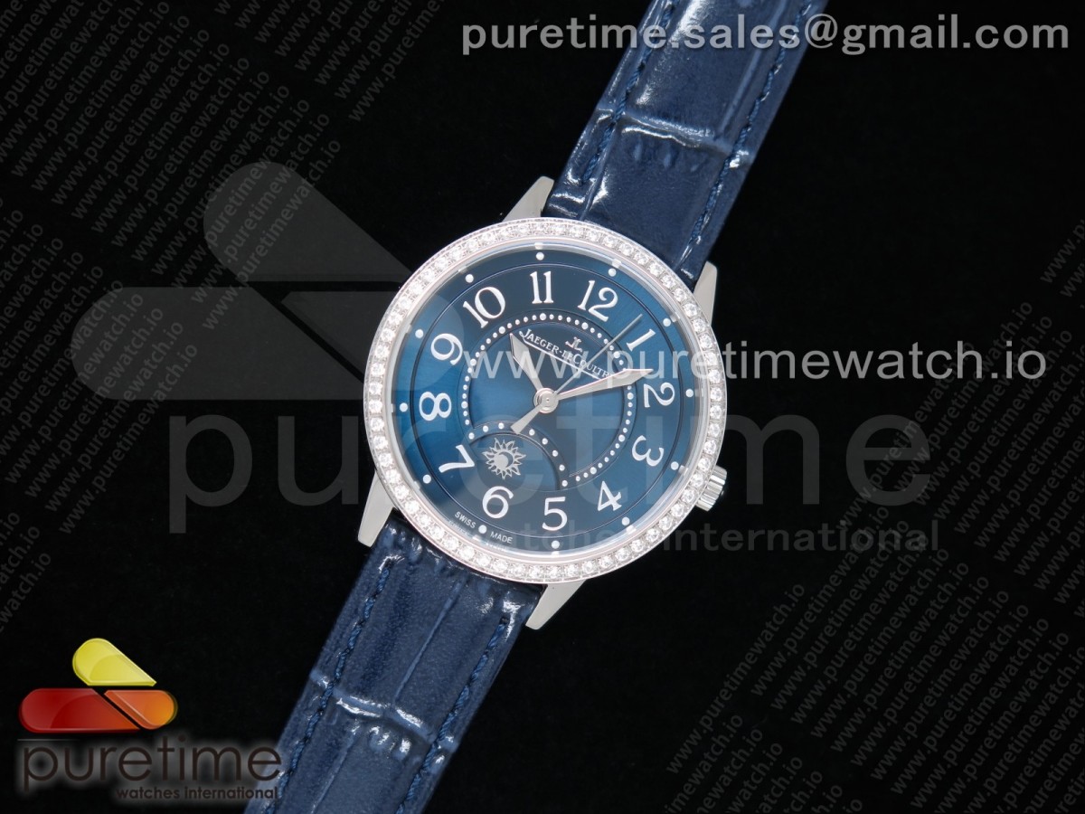 ZF공장 예거르쿨트르 랑데뷰 블루텍스쳐다이얼 다이아베젤 가죽 / Rendez-Vous Night & Day SS ZF 11 Best Edition Blue Textured Dial Diamonds Bezel on Blue Leather Strap A898