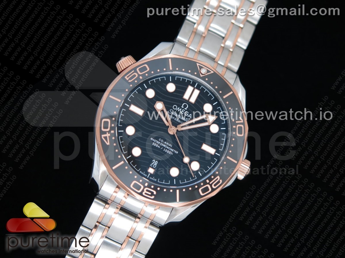 OM공장 오메가 씨마스터 다이버 300 로즈골드 콤비 블랙세라믹 브슬 / 2018 Seamaster Diver 300M SSRG OMF Best Edition Blue Ceramic Blue Dial on SSRG Bracelet A8800 (Black Balance Wheel)