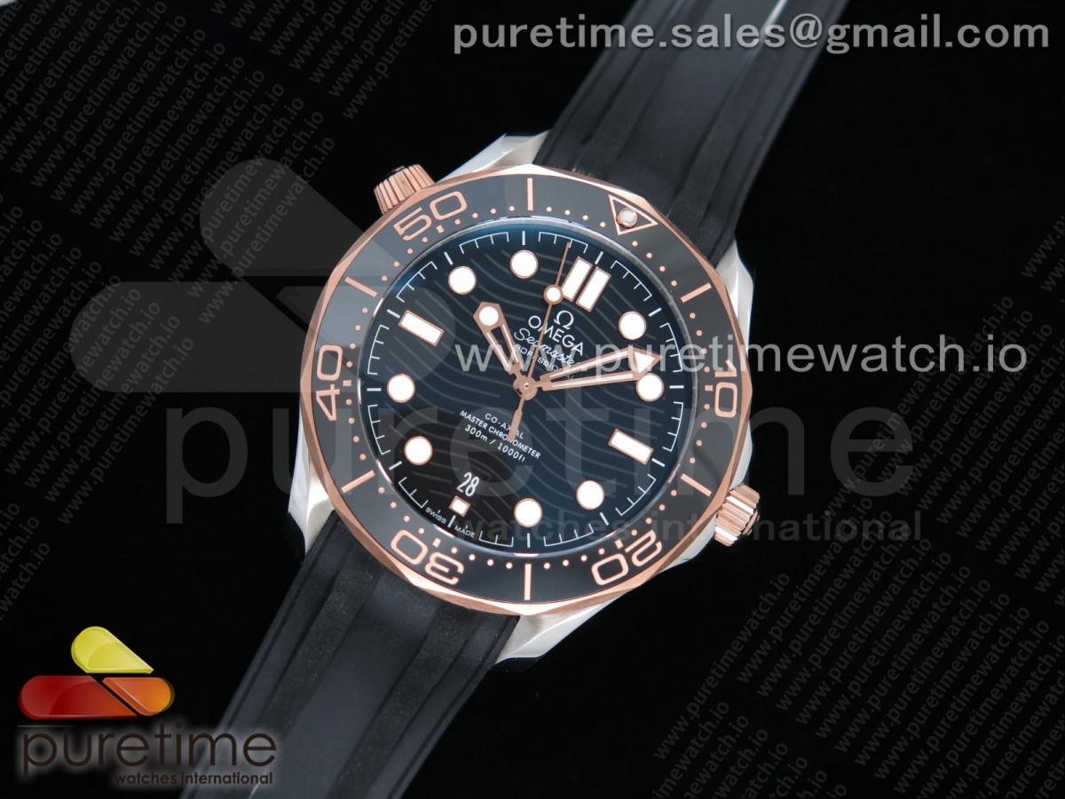 OM공장 오메가 씨마스터 다이버 300 로즈골드 콤비 블랙세라믹 러버 / 2018 Seamaster Diver 300M SSRG OMF Best Edition Black Ceramic Black Dial on Black Rubber Strap A8800 (Black Balance Wheel)