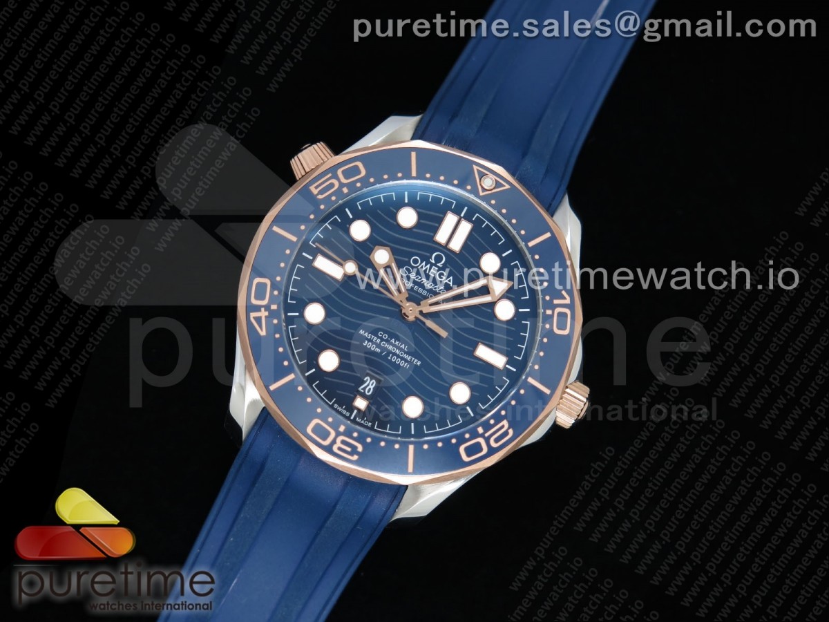 OM공장 오메가 씨마스터 다이버 300 로즈골드 콤비 블루세라믹 러버 / 2018 Seamaster Diver 300M SSRG OMF Best Edition Blue Ceramic Blue Dial on Blue Rubber Strap A8800 (Black Balance Wheel)