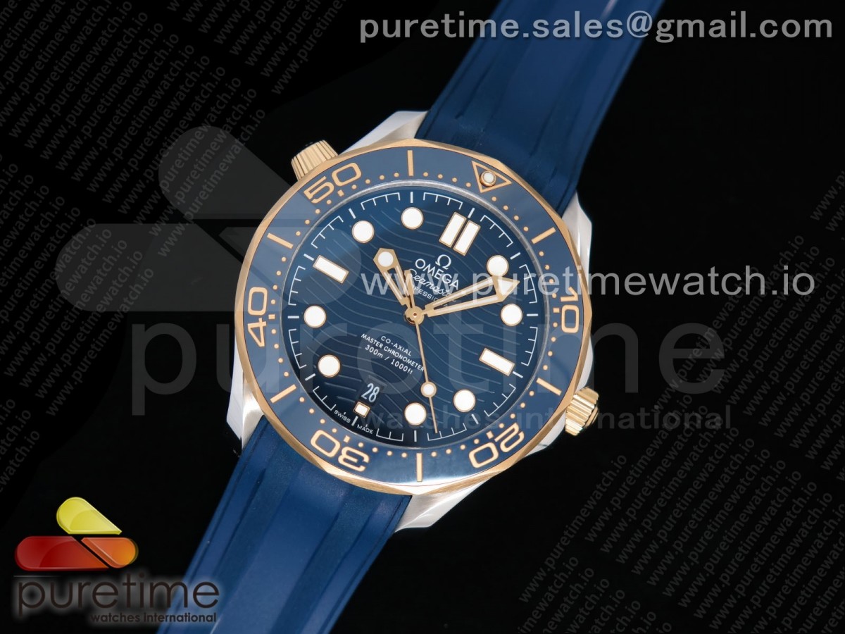 OM공장 오메가 씨마스터 다이버 300 옐로우골드 콤비 블루세라믹 러버 / 2018 Seamaster Diver 300M SSYG OMF Best Edition Blue Ceramic Blue Dial on Blue Rubber Strap A8800 (Black Balance Wheel)