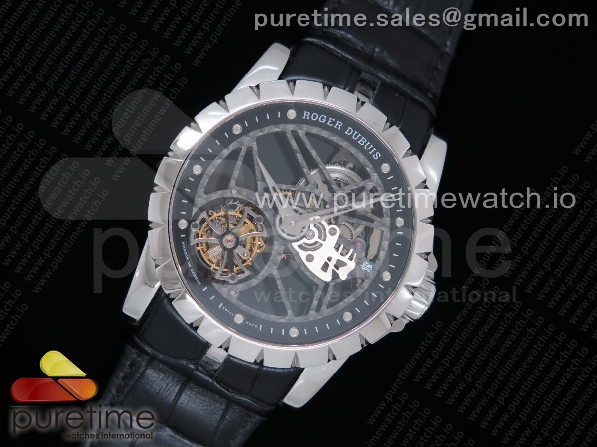 JB공장 로져드뷔 엑스칼리버 투어빌론 실버 스켈레톤다이얼 가죽 / Excalibur SS JBF Best Edition New Crown Skeleton Dial on Black Leather Strap A2136 Tourbillon