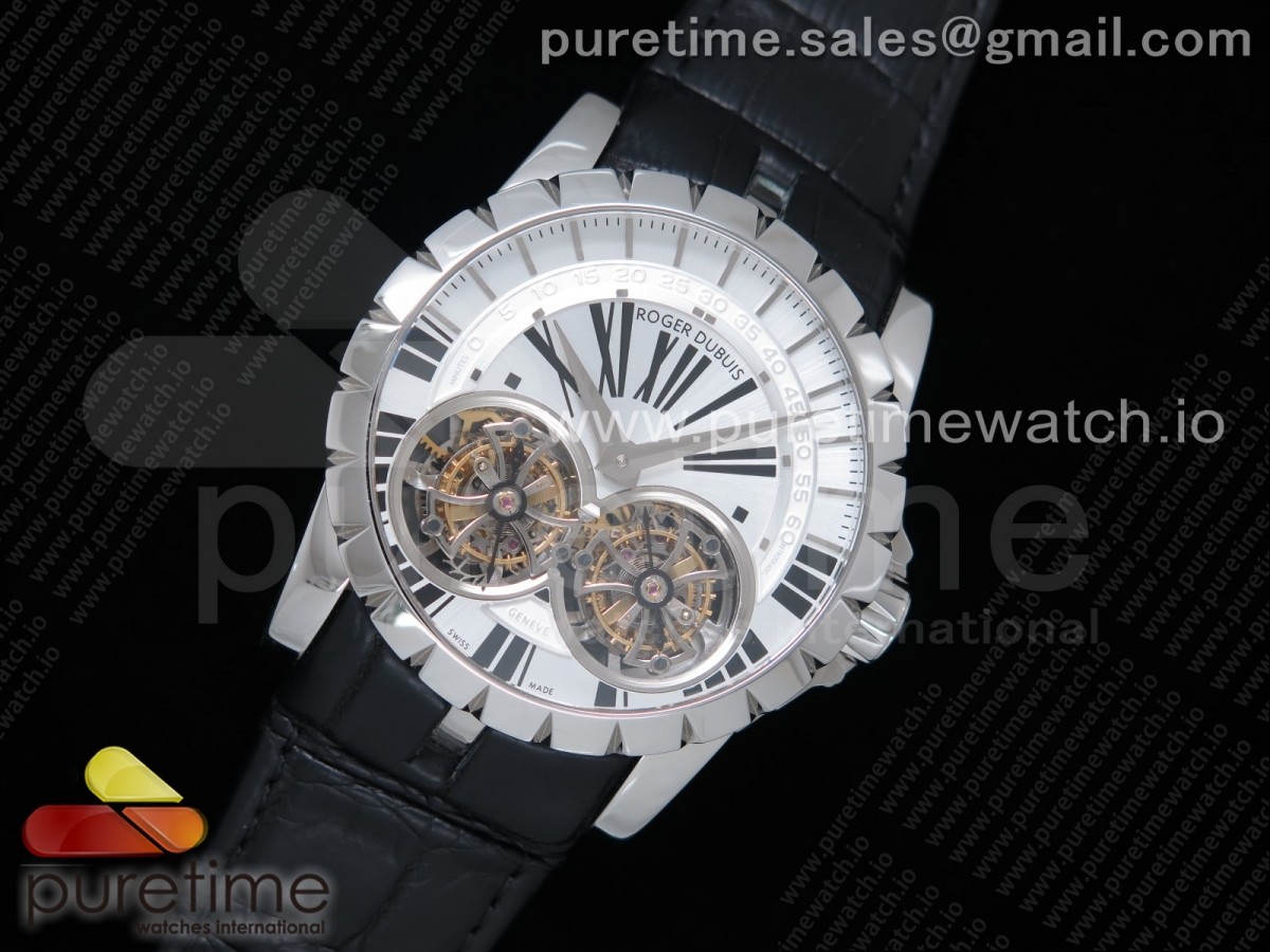 JB공장 로져드뷔 엑스칼리버 리얼 듀얼 투어빌론 화이트다이얼 악어가죽 / Excalibur RDDBEX0250 REAL Double Flying Tourbillon SS JBF White Dial on Black Croco Leather Strap