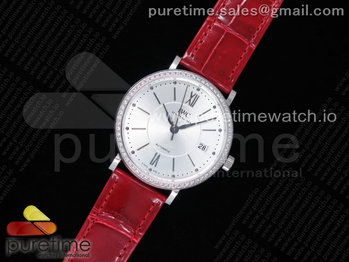 MF공장 IWC 포르토피노 37MM 실버다이얼 레드악어스트랩 / Portofino Automatic 37 SS M+F 11 Best Edition Silver Dial Diamonds Bezel on Red Crocodile Strap A35111