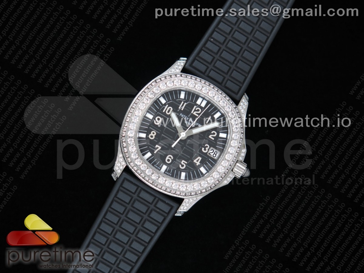 PP공장 파텍필립 5068 아쿠아넛 블랙다이얼 풀다이아 러버 다이아베젤 /Aquanaut 5068 SS Full Paved Diamonds PPF 11 Best Edition Black Textured Dial on Black Rubber Strap 324CS