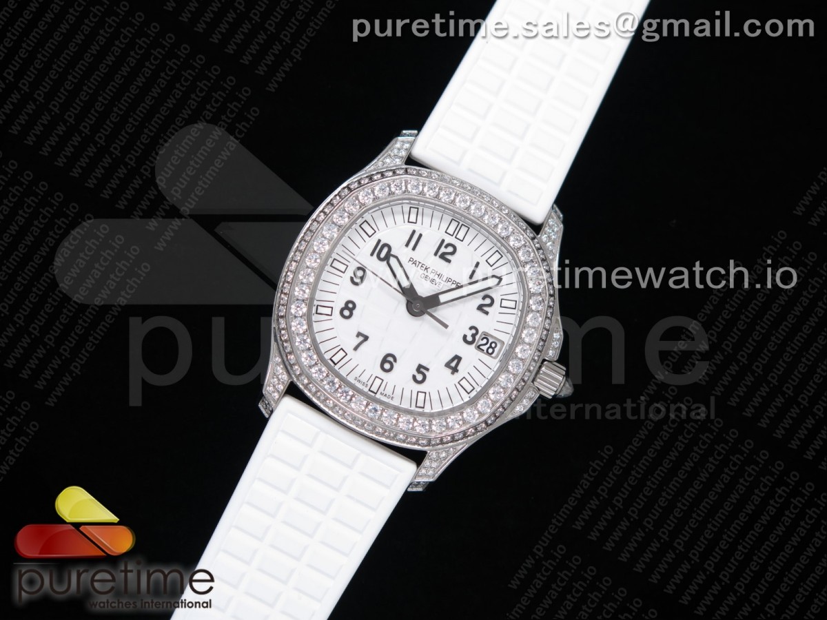 PP공장 파텍필립 5068 아쿠아넛 화이트다이얼 풀다이아 러버 다이아베젤 /Aquanaut 5068 SS Full Paved Diamonds PPF 11 Best Edition White Textured Dial on White Rubber Strap 324CS