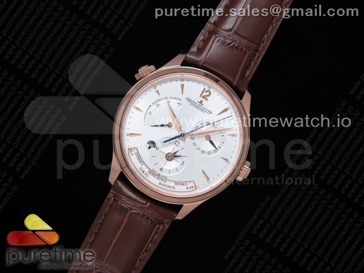 ZF공장 예거르쿨트르 마스터 지오그래픽 로즈골드 화이트다이얼 가죽 / Master Geographic Real PR RG ZF 11 Best Edition White Dial on Brown Leather Strap A939