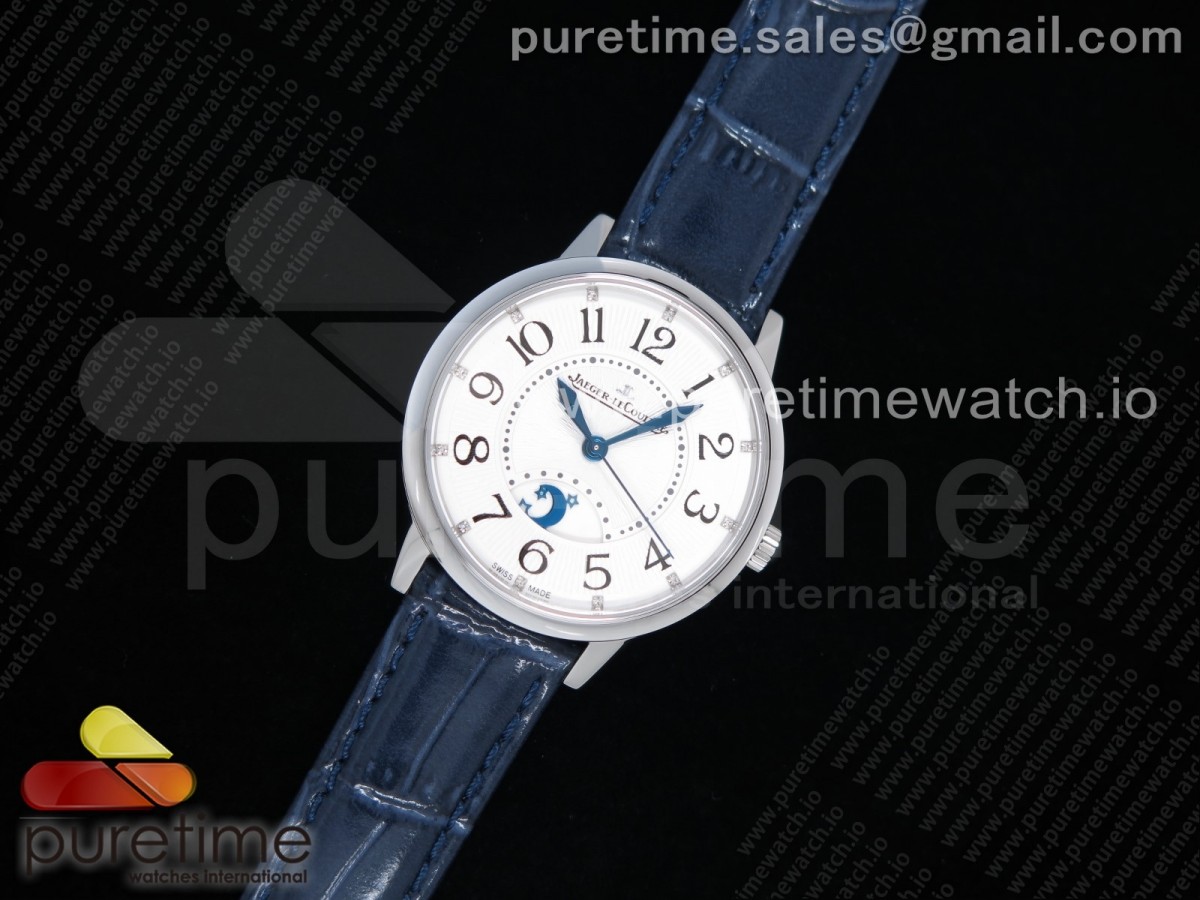 ZF공장 예거르쿨트르 랑데뷰 화이트텍스쳐다이얼 블루가죽 / Rendez-Vous Night & Day SS Polished Bezel ZF 11 Best Edition White Textured Dial on Blue Leather Strap A898