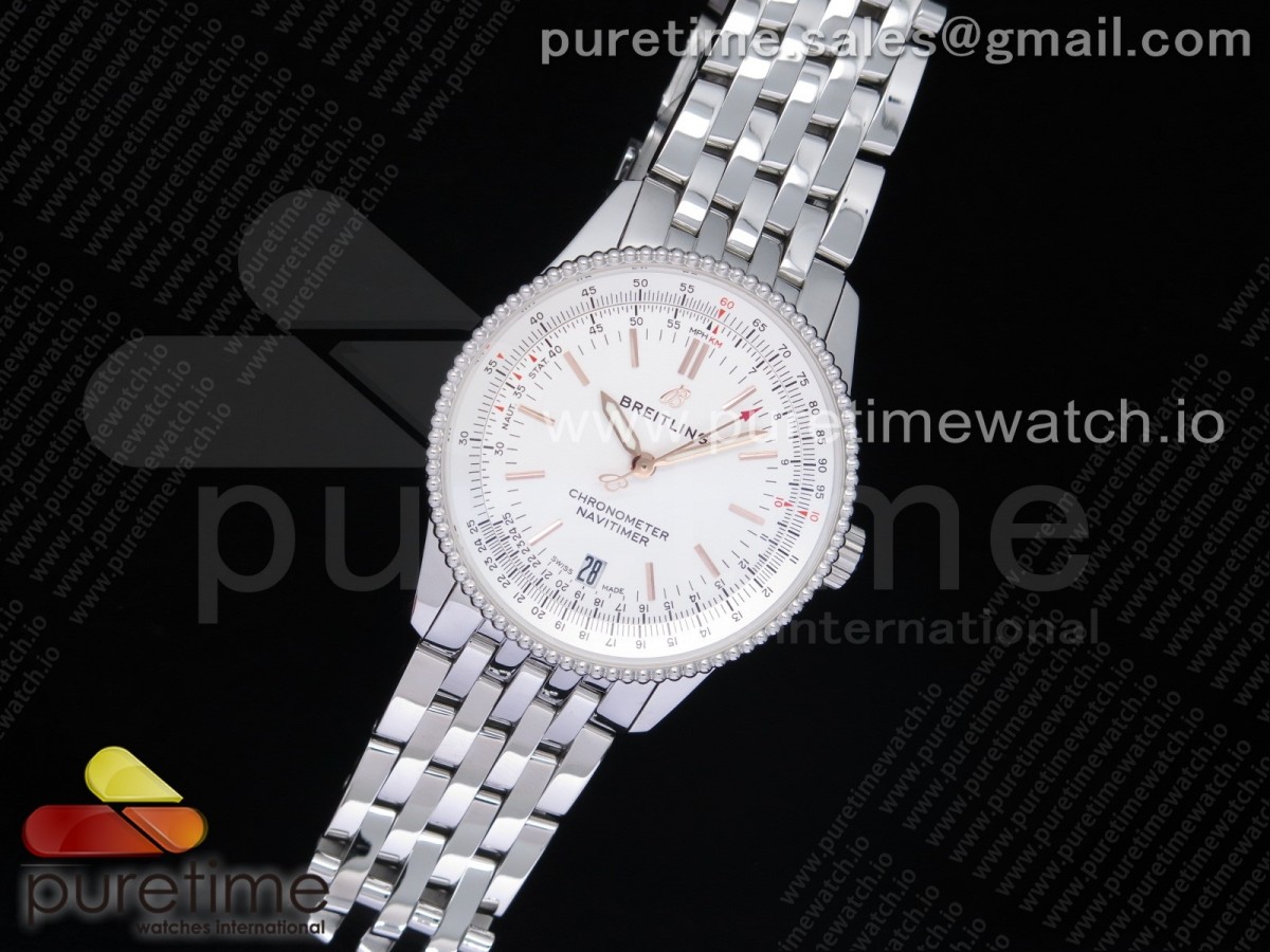 KOR공장 네비타이머 38미리 화이트다이얼 브슬 + 뱀가죽 / Navitimer 1 38mm SS KOR 11 Best Edition White Dial White Inner Bezel on SS Bracelet SW200