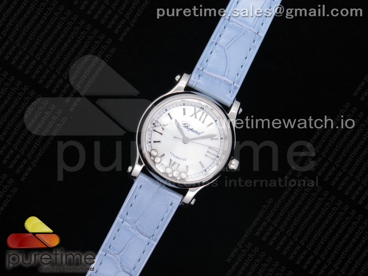 YF공장 쇼파드 해피스포츠 블루다이얼 블루가죽 / Happy Sport Automatic SS 30mm YF 11 Best Edition White Dial on Light Blue Leather Starp A2892