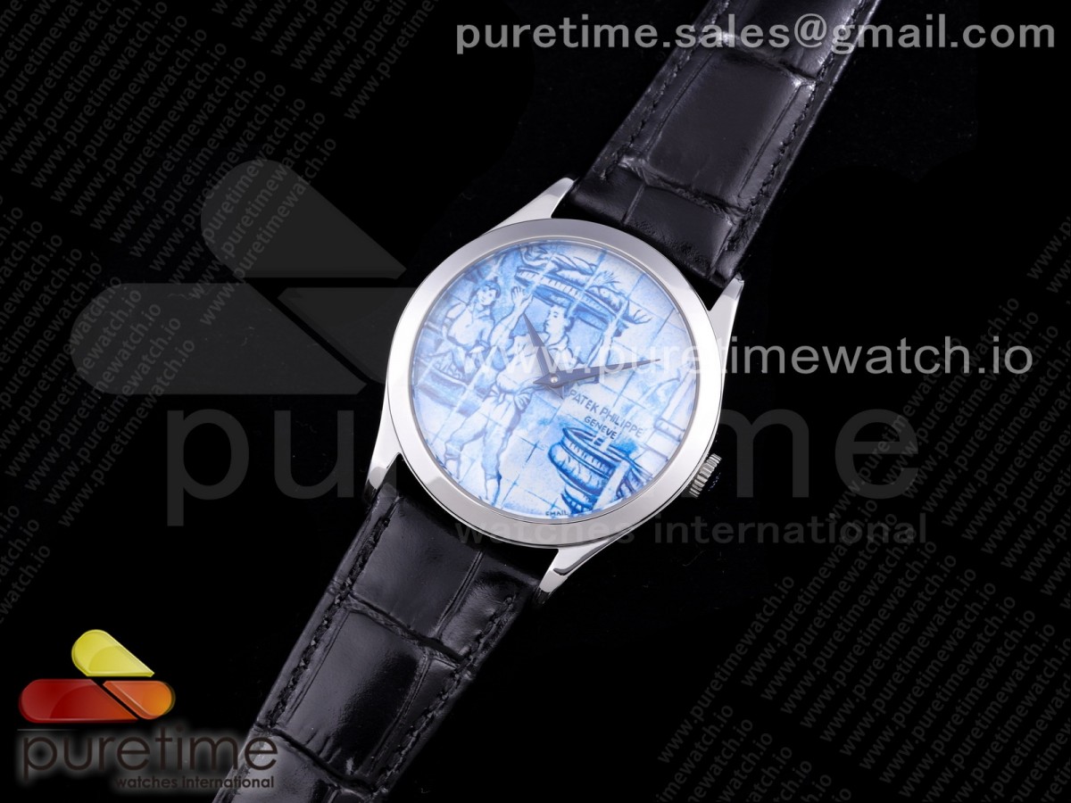 FL공장 파텍필립 칼라트라바 아술레이호스 에나멜다이얼 스타일2 가죽 / Calatrava SS FLF Best Edition Blue Dial Style 2 on Black Leather Strap A240 (Micro Rotor)