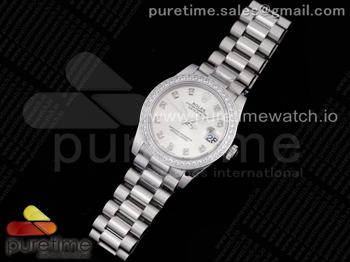 GM공장 롤렉스 데이저스트 31MM 실버 텐포인트 다이아베젤 브슬 여성용 / DateJust 31 Ladies 278289 GMF 316L Steel Silver Dial Diamonds Bezel and Markers on President Syle Bracelet