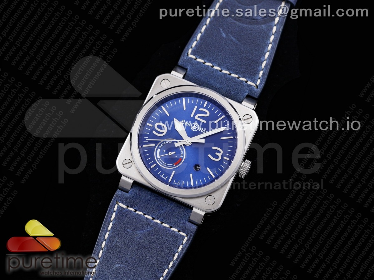 밸앤로스 BR03-97 오토매틱 파워리저브 블루다이얼 블루가죽 / BR03-97 Automatic Power Reserve SS Blue Dial on Blue Leather Strap A23J (Free Nylon)