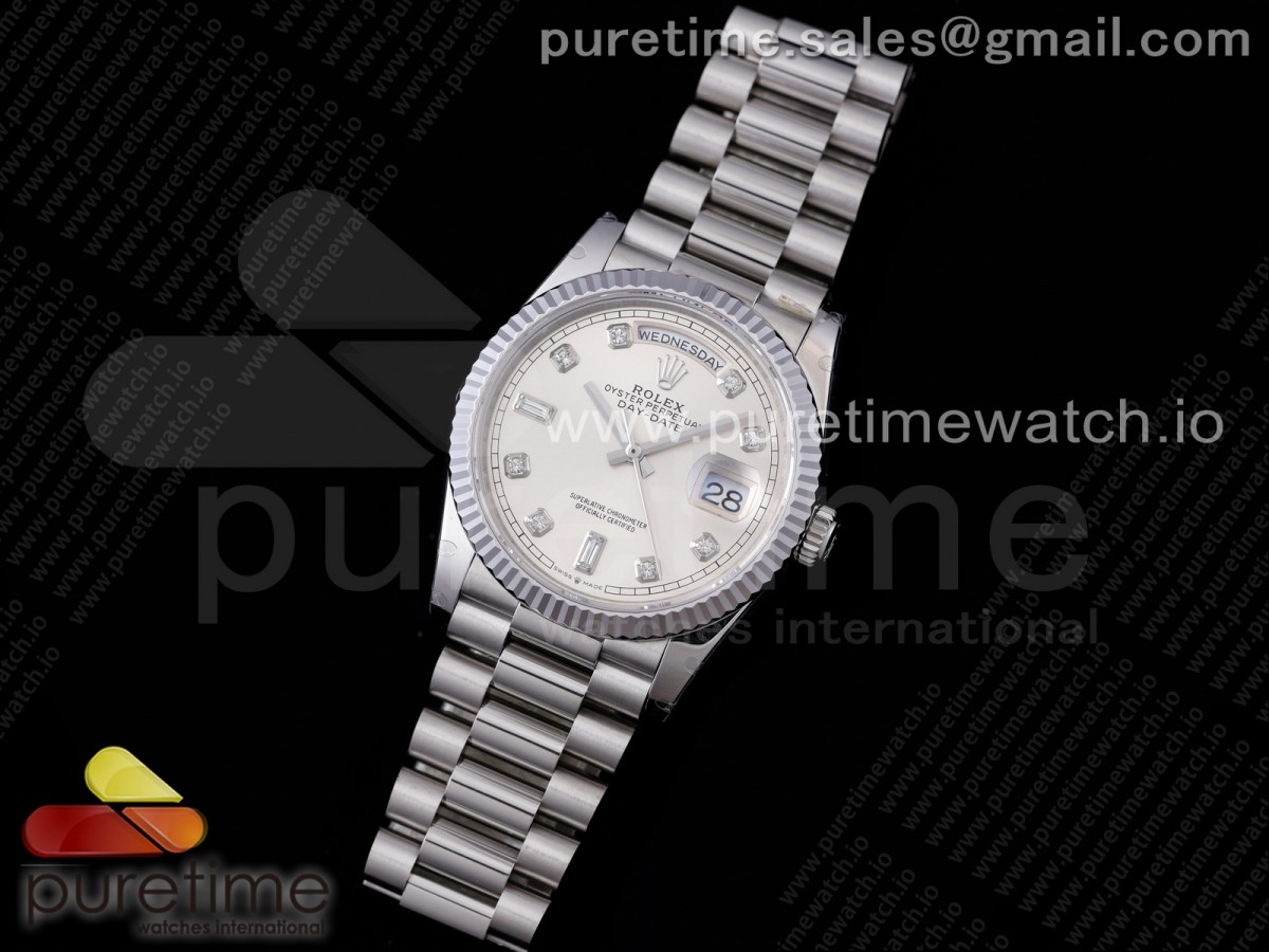 GM공장 롤렉스 데이데이트 36 실버 텐포인트 인덱스 904L / Day Date 36 128239 GMF 11 Best Edition 904L Steel Silver Dial Diamonds Markers on Bracelet A2836