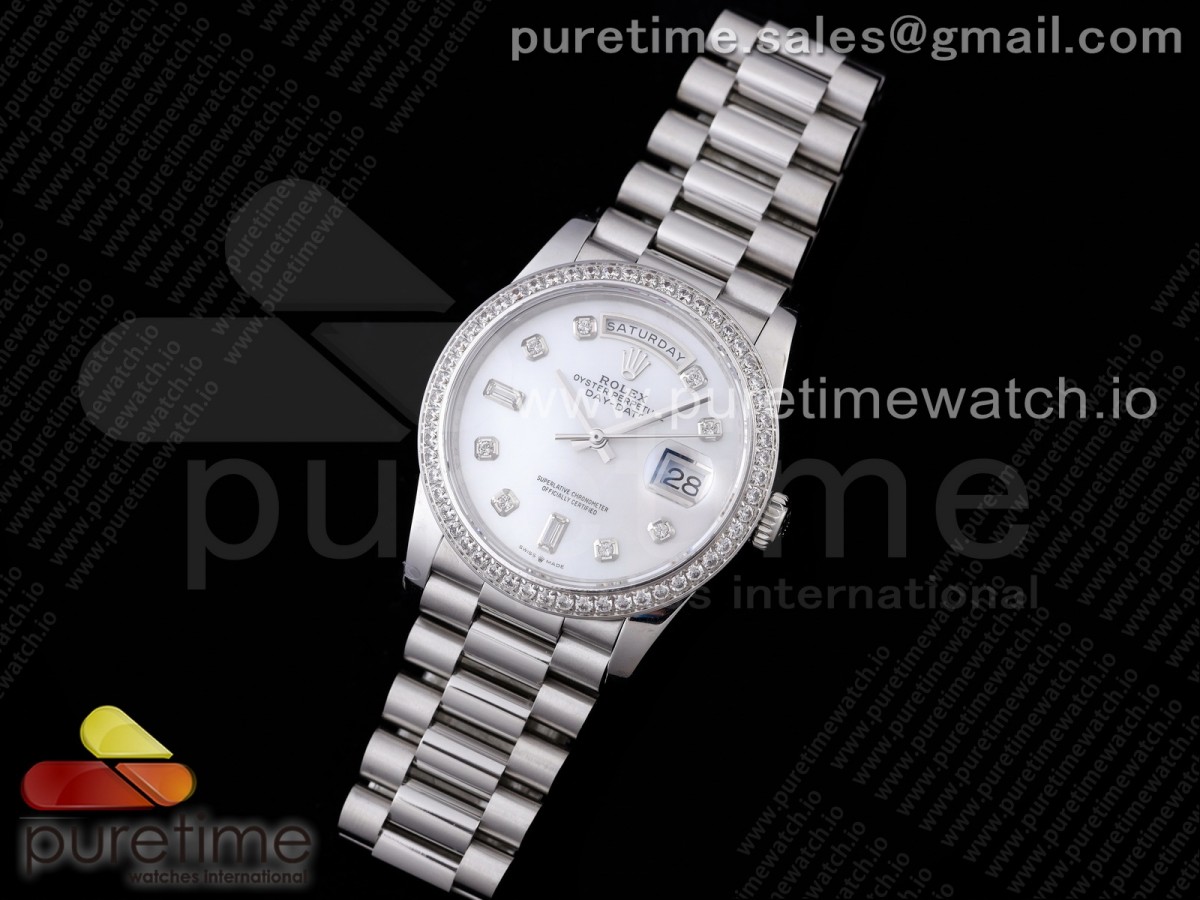 GM공장 롤렉스 데이데이트 36 화이트 텐포인트 인덱스 다이아베젤 904L / Day Date 36 128239 GMF 11 Best Edition 904L Steel White Dial Diamonds Markers and Bezel on Bracelet A2836