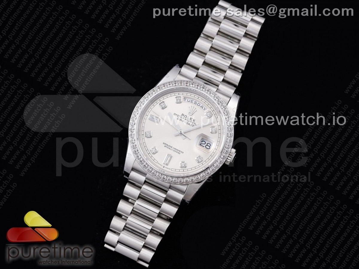 GM공장 롤렉스 데이데이트 36 실버 텐포인트 인덱스 다이아베젤 904L / Day Date 36 128239 GMF 11 Best Edition 904L Steel Silver Dial Diamonds Markers and Bezel on Bracelet A2836