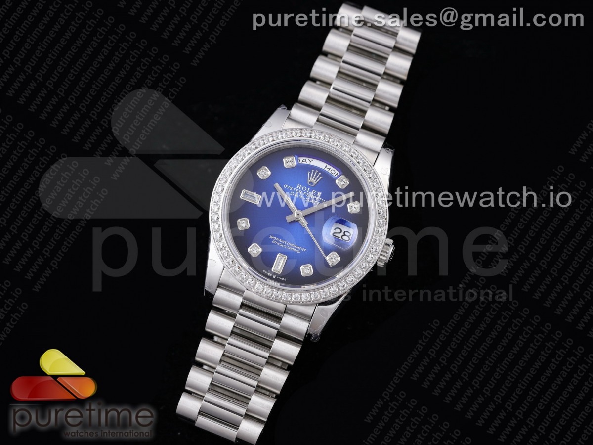 GM공장 롤렉스 데이데이트 36 블루 텐포인트 인덱스 다이아베젤 904L / Day Date 36 128239 GMF 11 Best Edition 904L Steel Blue Dial Diamonds Markers and Bezel on Bracelet A2836