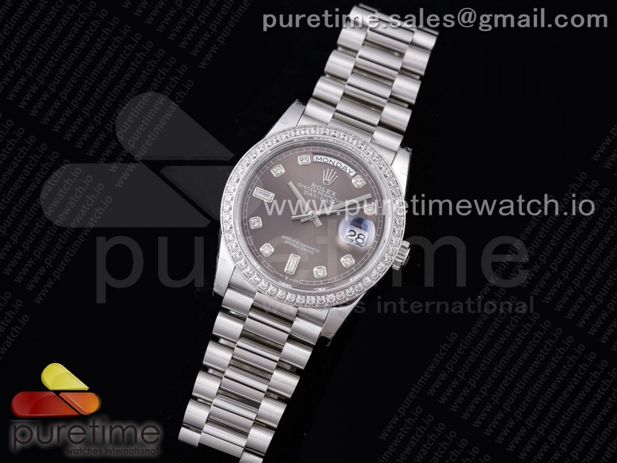 GM공장 롤렉스 데이데이트 36 그레이 텐포인트 인덱스 다이아베젤 904L / Day Date 36 128239 GMF 11 Best Edition 904L Steel Gray Dial Diamonds Markers and Bezel on Bracelet A2836