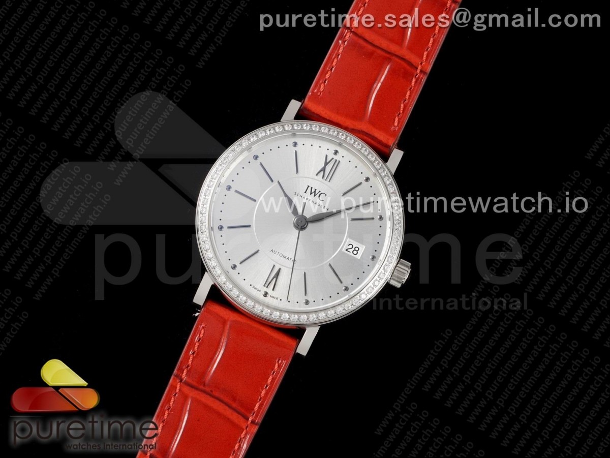 V7공장 IWC 포르토피노 실버다이얼 다이아베젤 레드가죽 / Portofino 37mm SS V7F 11 Best Edition White Dial Diamonds Bezel on Red Leather Strap A2892