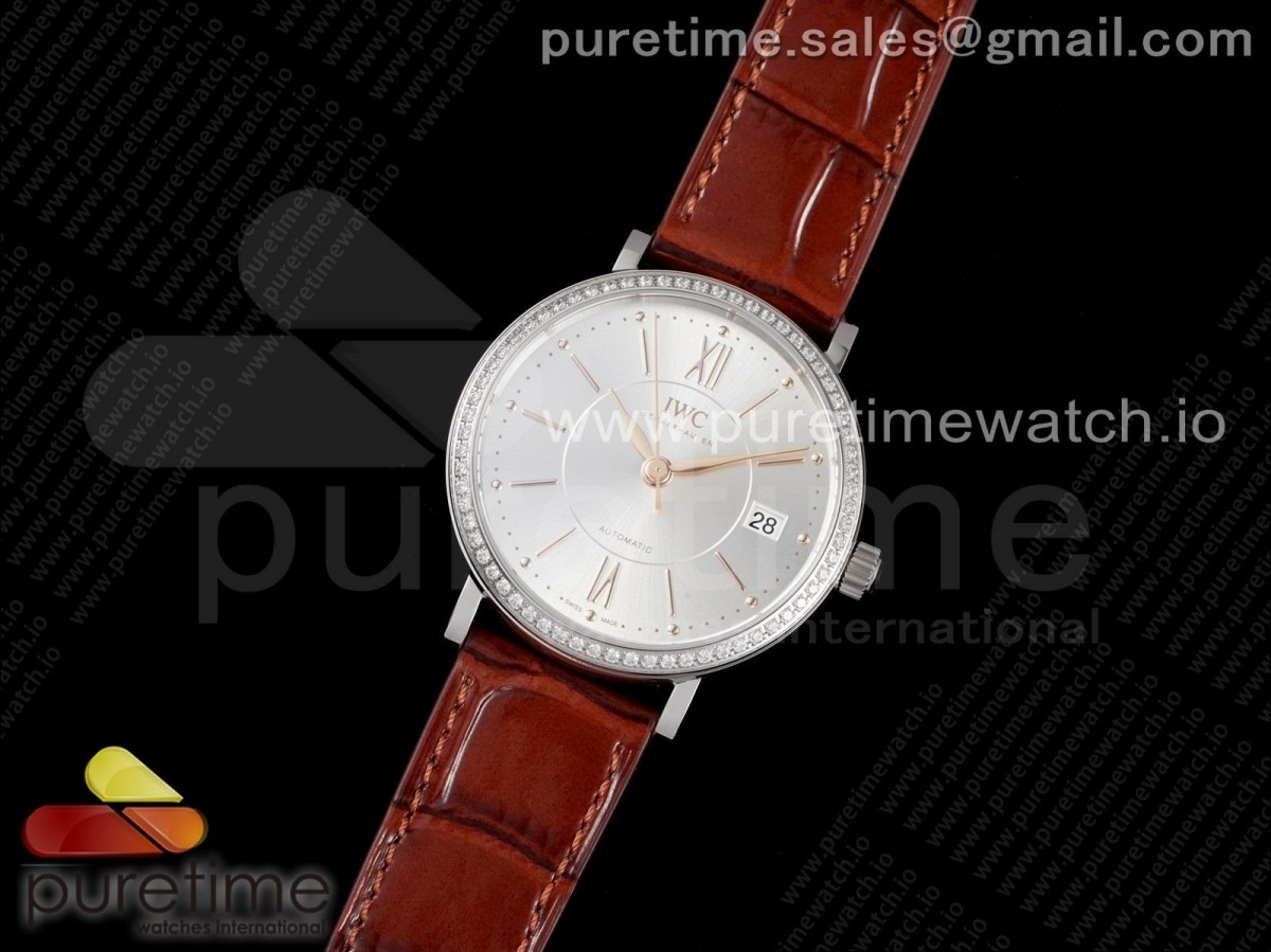 V7공장 IWC 포르토피노 실버다이얼 다이아베젤 브라운가죽 / Portofino 37mm SS V7F 11 Best Edition White Dial Diamonds Bezel on Brown Leather Strap A2892