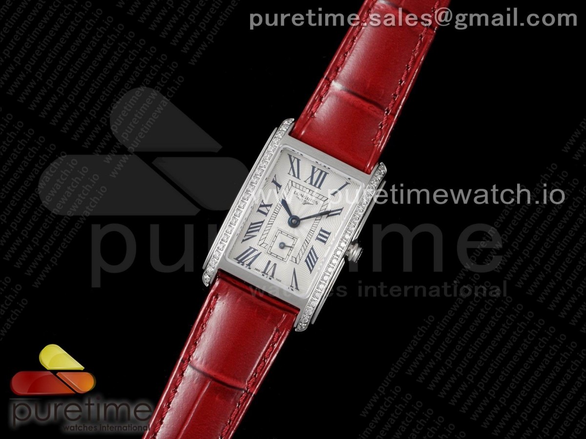 8848공장 론진 돌체비타 다이아베젤 23MM 실버 레드 가죽 / DolceVita 23mm Ladies Watch 8848F 1:1 Best Edition White Dial Diamonds Bezel on Red Leather Strap Swiss Quartz