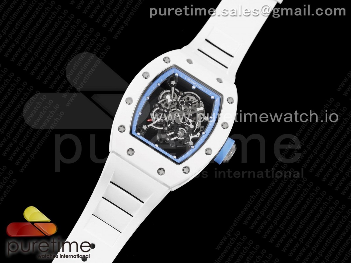 KV공장 V3 리차드밀 RM055 화이트세라믹 스켈레톤다이얼 블루 화이트러버 / RM055 White Ceramic KVF Best Edition Skeleton Dial Blue on White Rubber Strap MIYOTA8215 V3