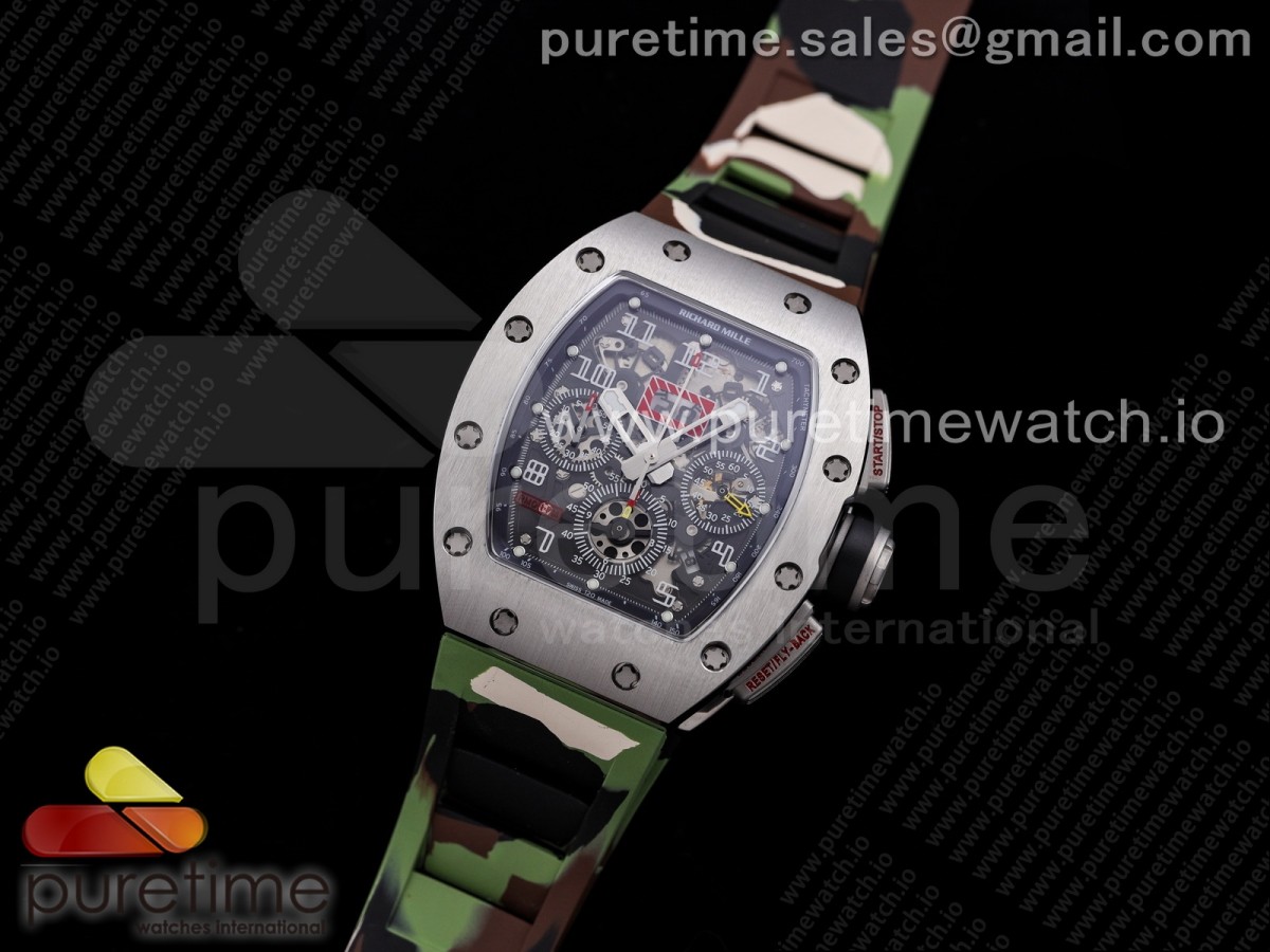 KV공장 리차드밀 RM011 크리스탈다이얼 실버 카모러버 / RM011 SS Chrono KVF 1:1 Best Edition Crystal Dial Black on Green Camo Rubber Strap A7750 V3