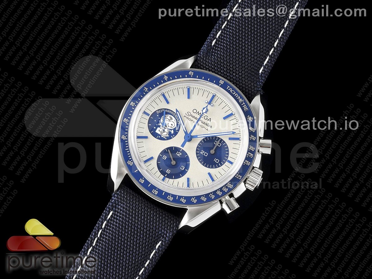 OM공장 오메가 스피드마스터 블루 스누피 크로노 /Speedmaster SS Blue Snoopy OMF 11 Best Edition White Dial on Blue Leather Strap Manual Winding Chrono Movement