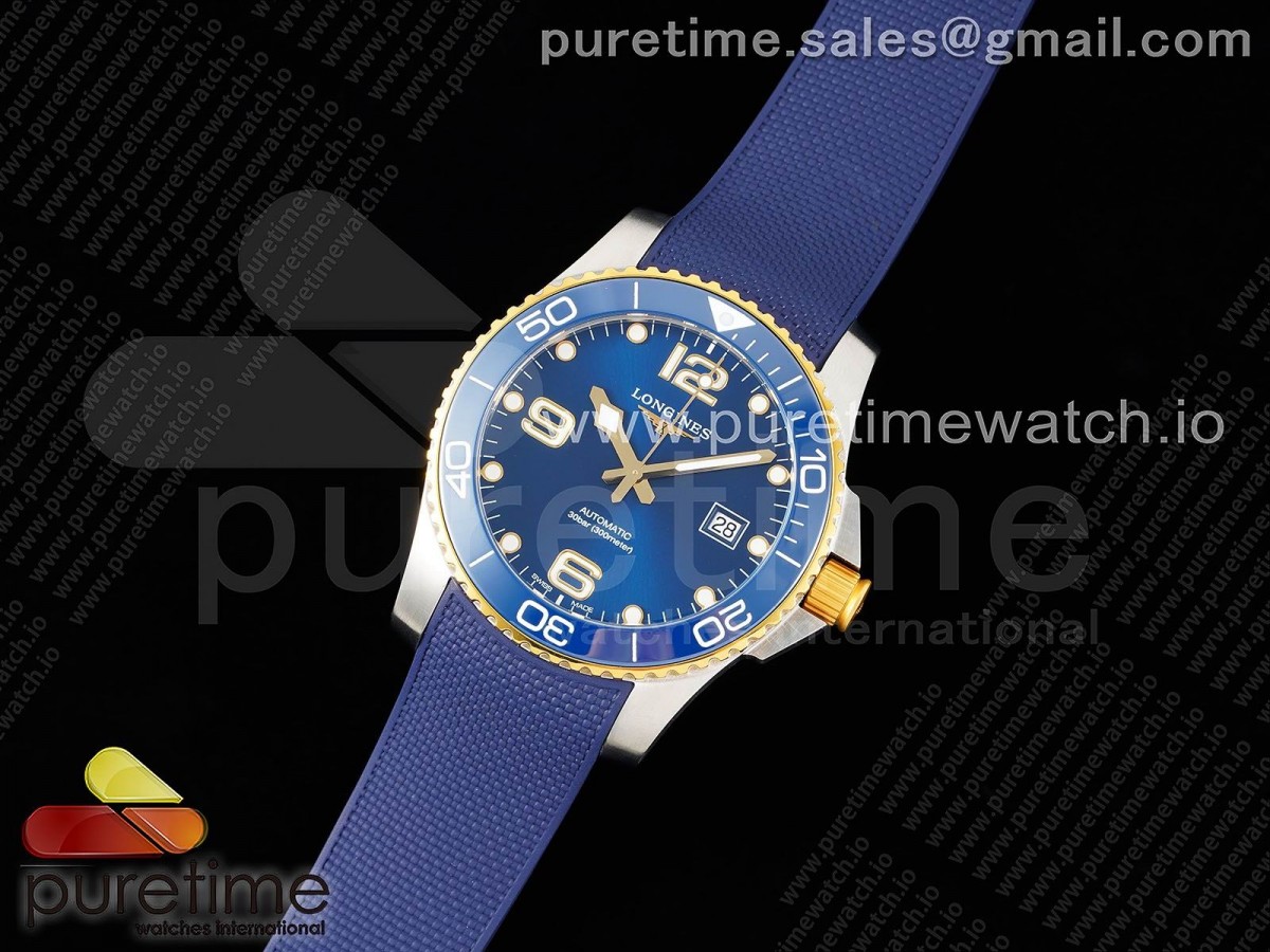 ZF공장 론진 하이드로콘퀘스트 옐로우골드 콤비 블루 러버 / Conquest SSYG Blue Ceramic Bezel SS ZF 11 Best Edition Blue Dial on Blue Rubber Strap A2824