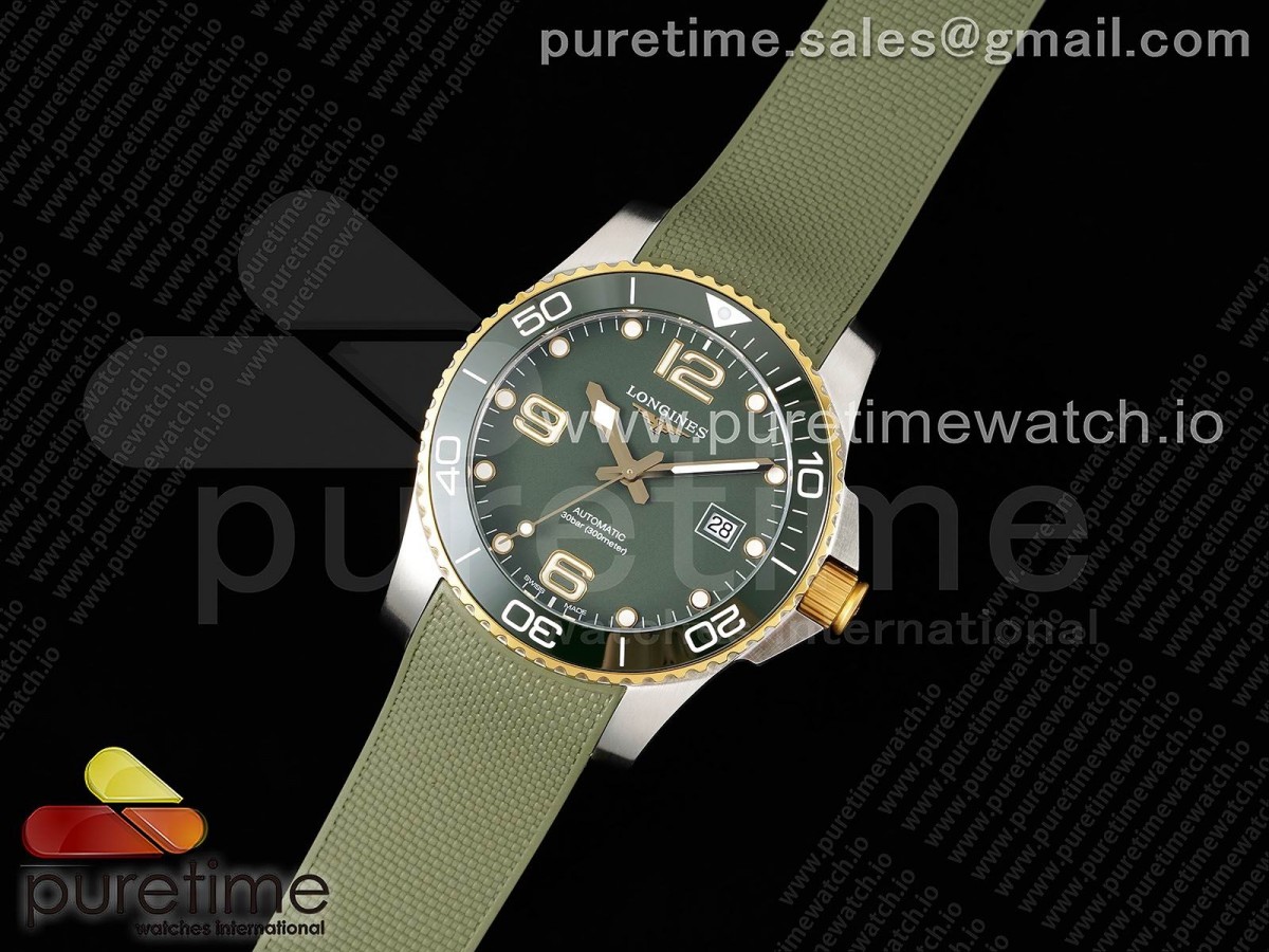 ZF공장 론진 하이드로콘퀘스트 옐로우골드 콤비 그린 러버 / Conquest SSYG Green Ceramic Bezel SS ZF 11 Best Edition Green Dial on Green Rubber Strap A2824